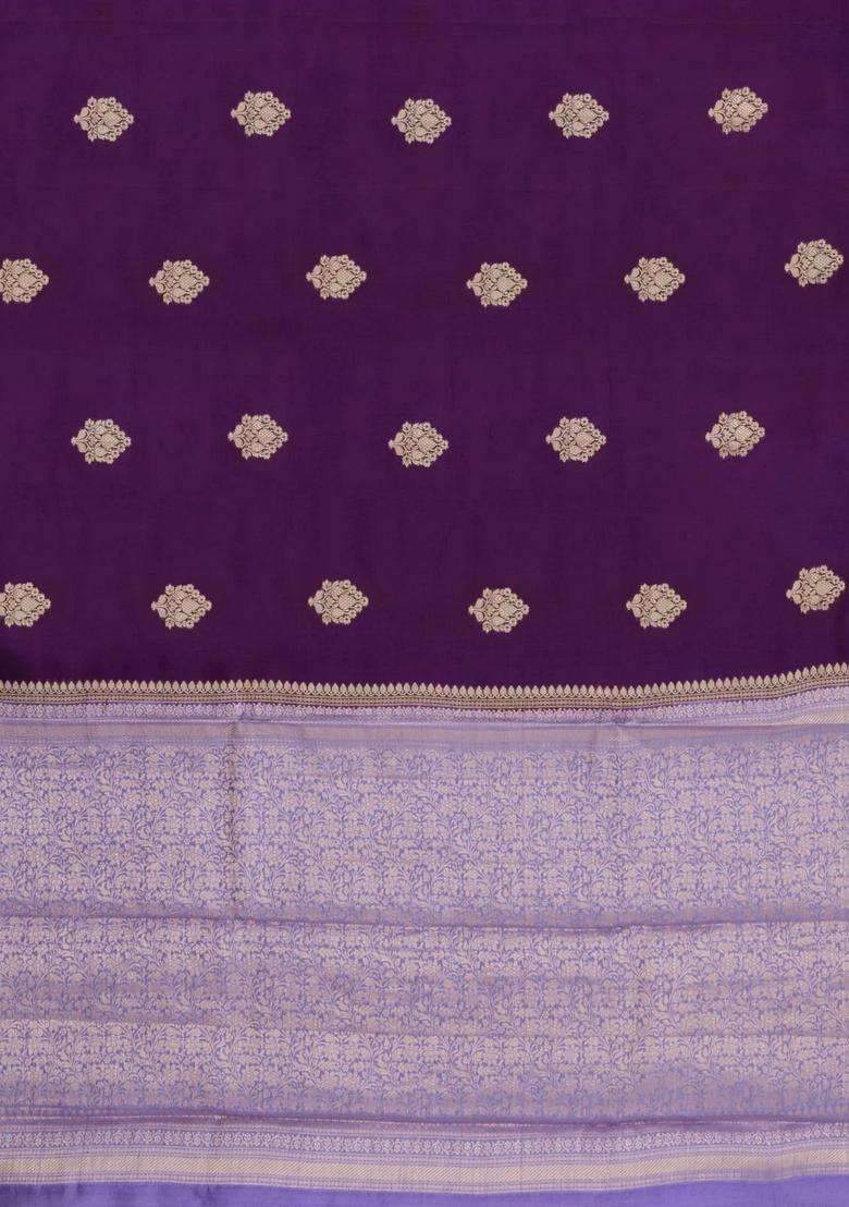 Dark Purple Woven Banarasi Poona Silk Saree With Zari Buttas Contrast Border With Buttas And Brocade Design For Women - Indya