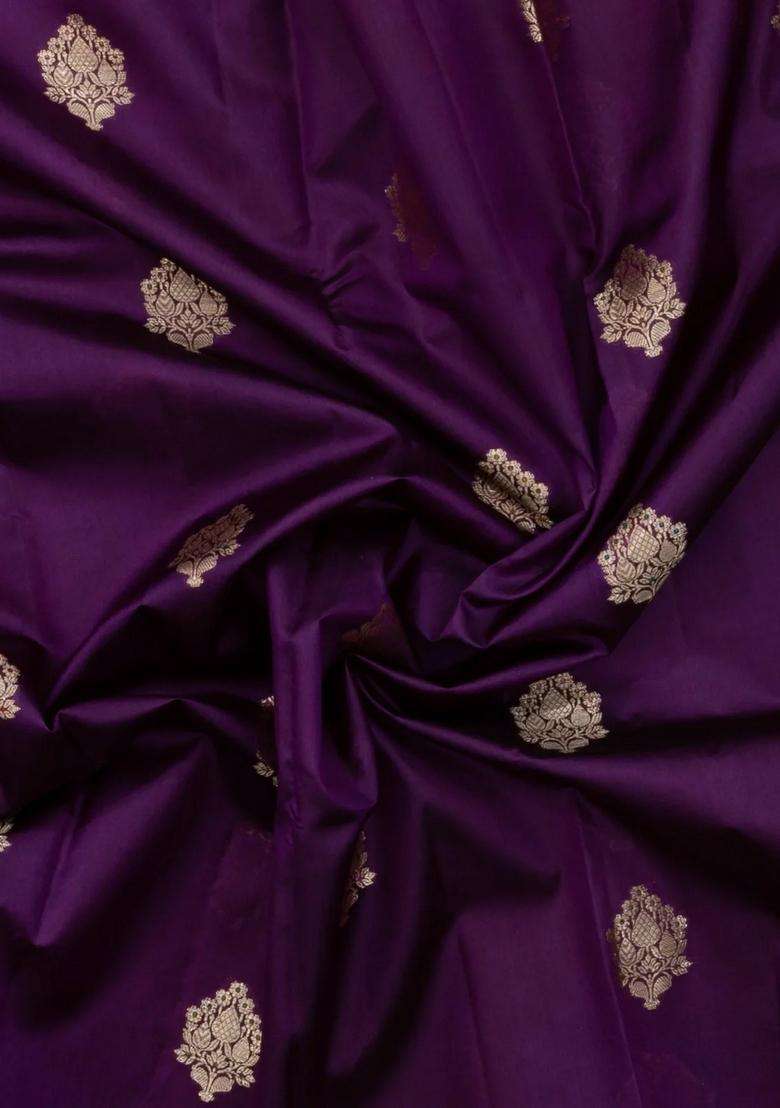 Dark Purple Woven Banarasi Poona Silk Saree With Zari Buttas Contrast Border With Buttas And Brocade Design For Women - Indya