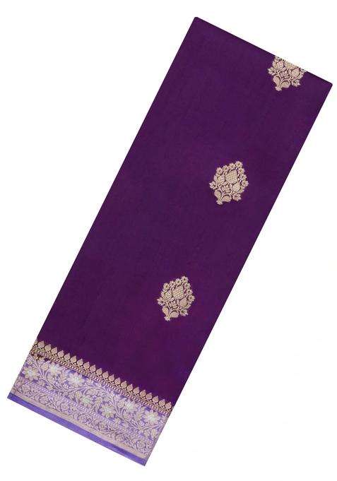 Dark Purple Woven Banarasi Poona Silk Saree With Zari Buttas Contrast Border With Buttas And Brocade Design For Women