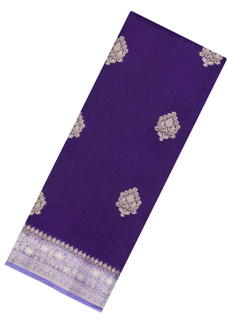 Dark Purple Woven Banarasi Poona Silk Saree With Zari Buttas Contrast Border With Buttas And Brocade Design For Women - Indya