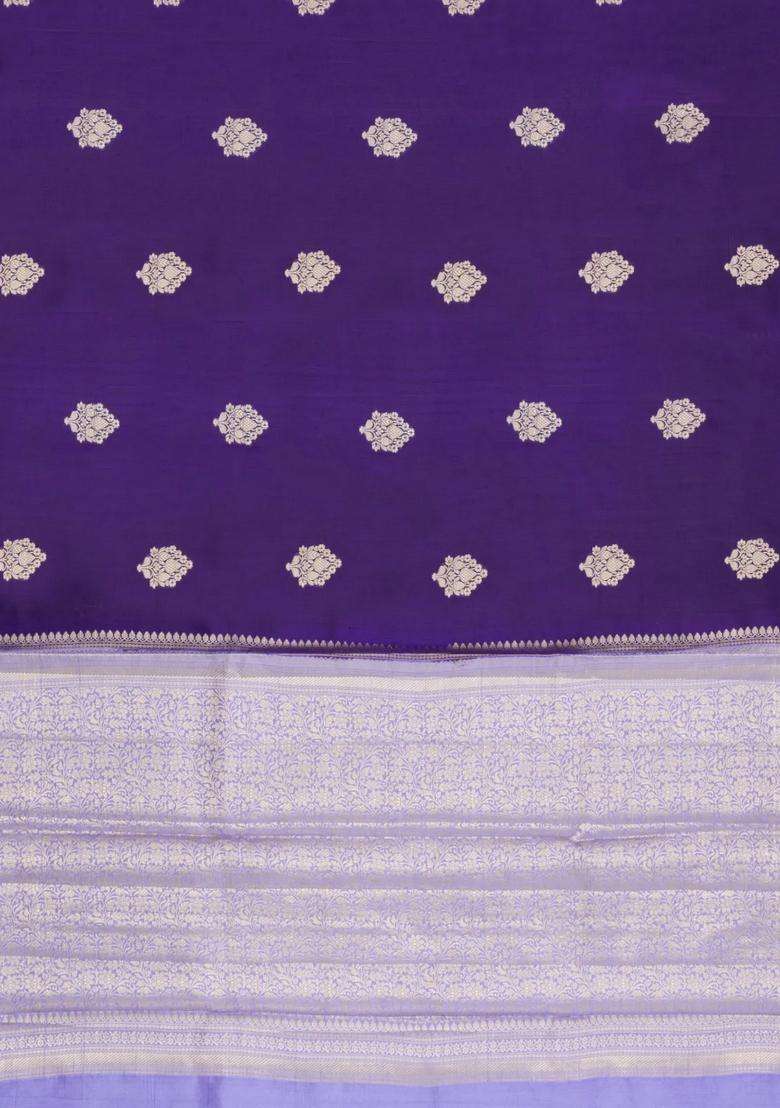 Dark Purple Woven Banarasi Poona Silk Saree With Zari Buttas Contrast Border With Buttas And Brocade Design For Women - Indya