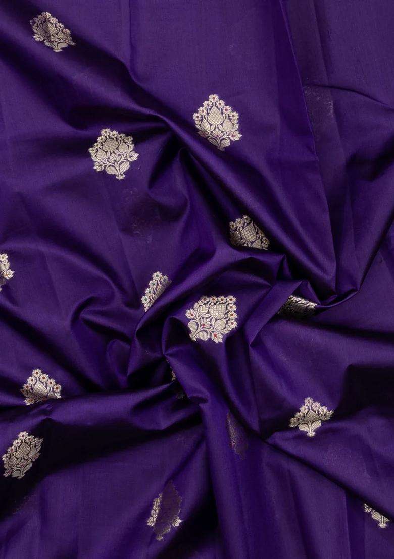 Dark Purple Woven Banarasi Poona Silk Saree With Zari Buttas Contrast Border With Buttas And Brocade Design For Women - Indya