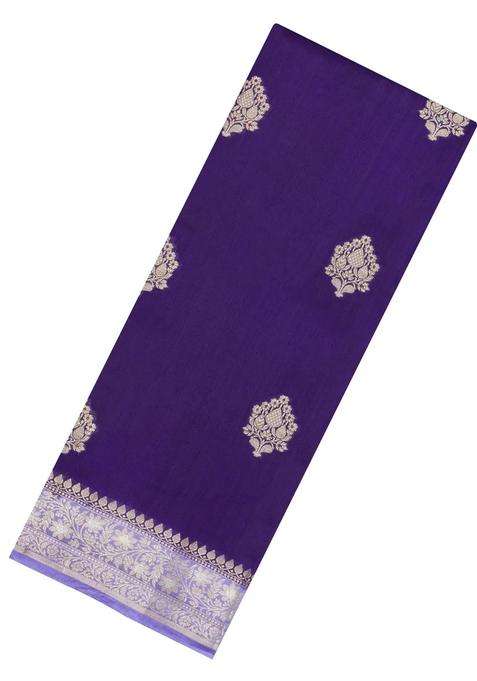 Dark Purple Woven Banarasi Poona Silk Saree With Zari Buttas Contrast Border With Buttas And Brocade Design For Women