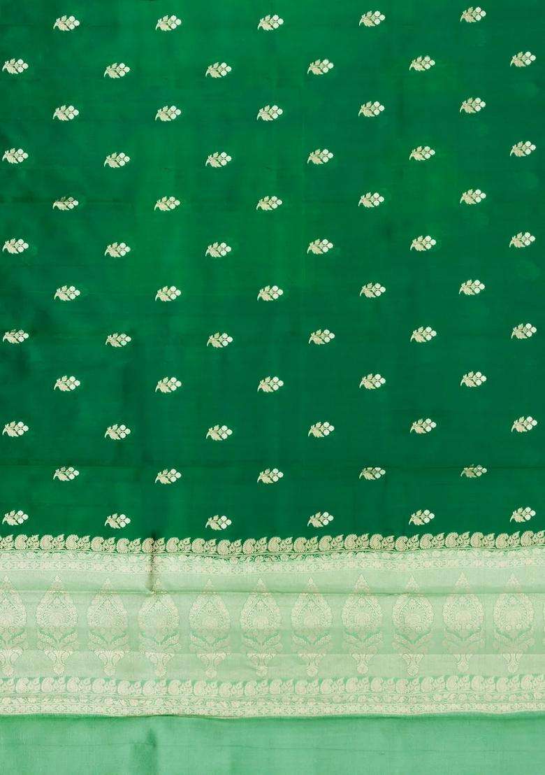 Green Woven Banarasi Poona Silk Saree With Zari Buttas Contrast Border With Buttas And Brocade Design For Women - Indya