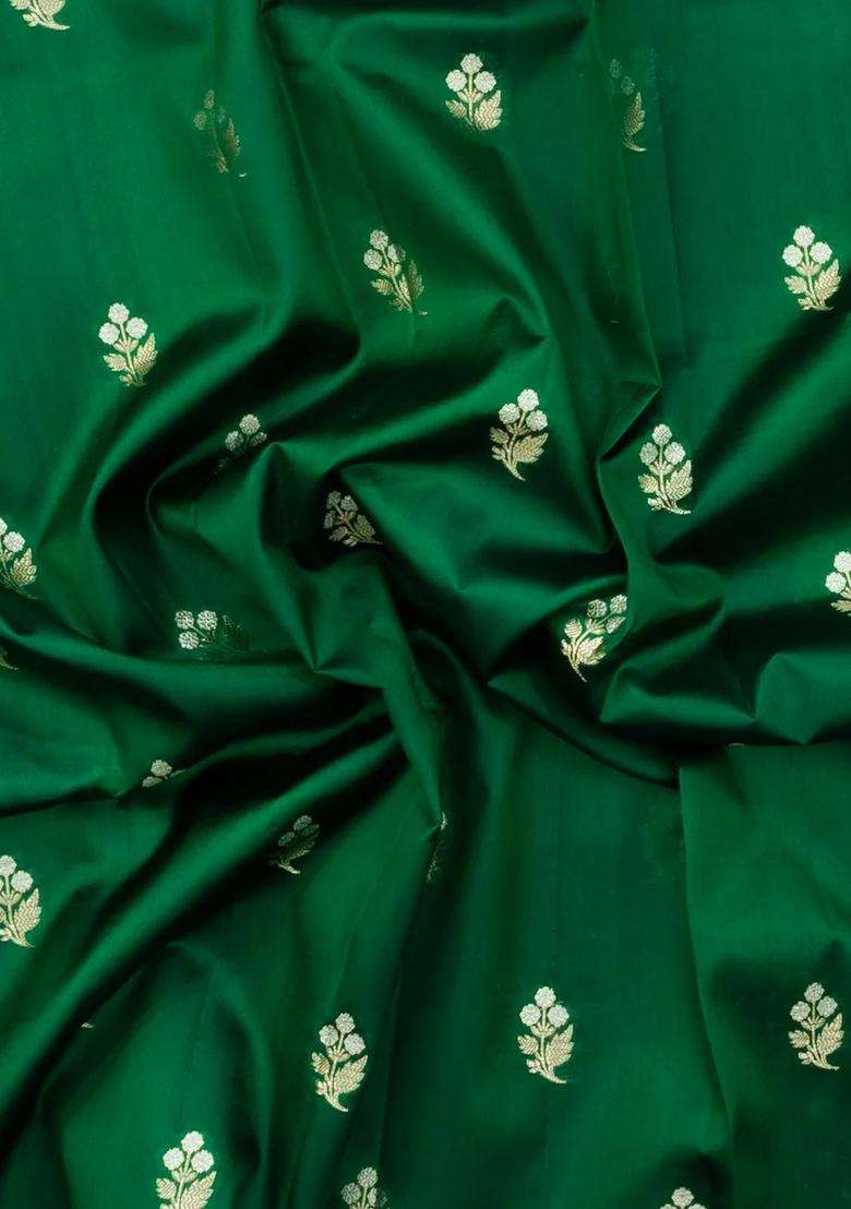 Green Woven Banarasi Poona Silk Saree With Zari Buttas Contrast Border With Buttas And Brocade Design For Women - Indya