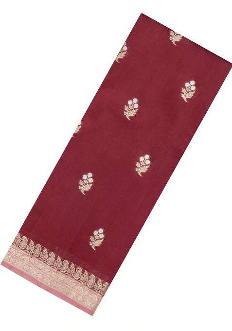 Brown Woven Banarasi Poona Silk Saree With Zari Buttas Contrast Border With Buttas And Brocade Design For Women