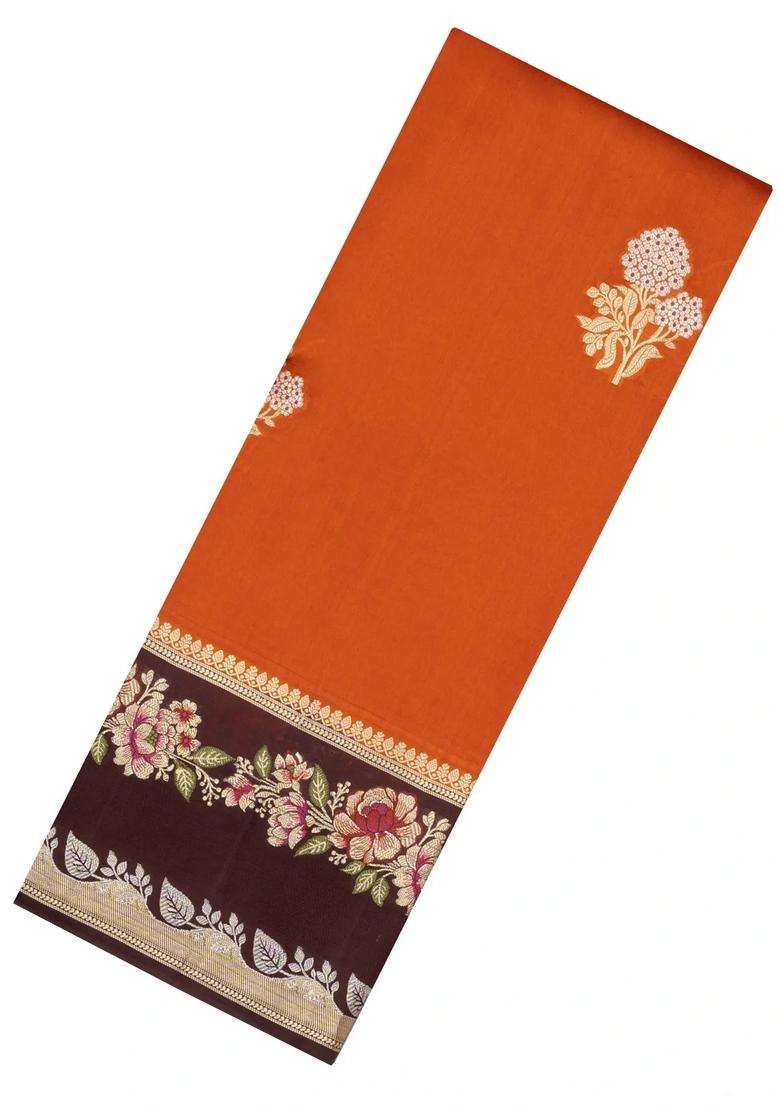 Rust Woven Banarasi Poona Silk Saree With Buttas Contrast Meena Border With Buttas And Brocade Design For Women - Indya