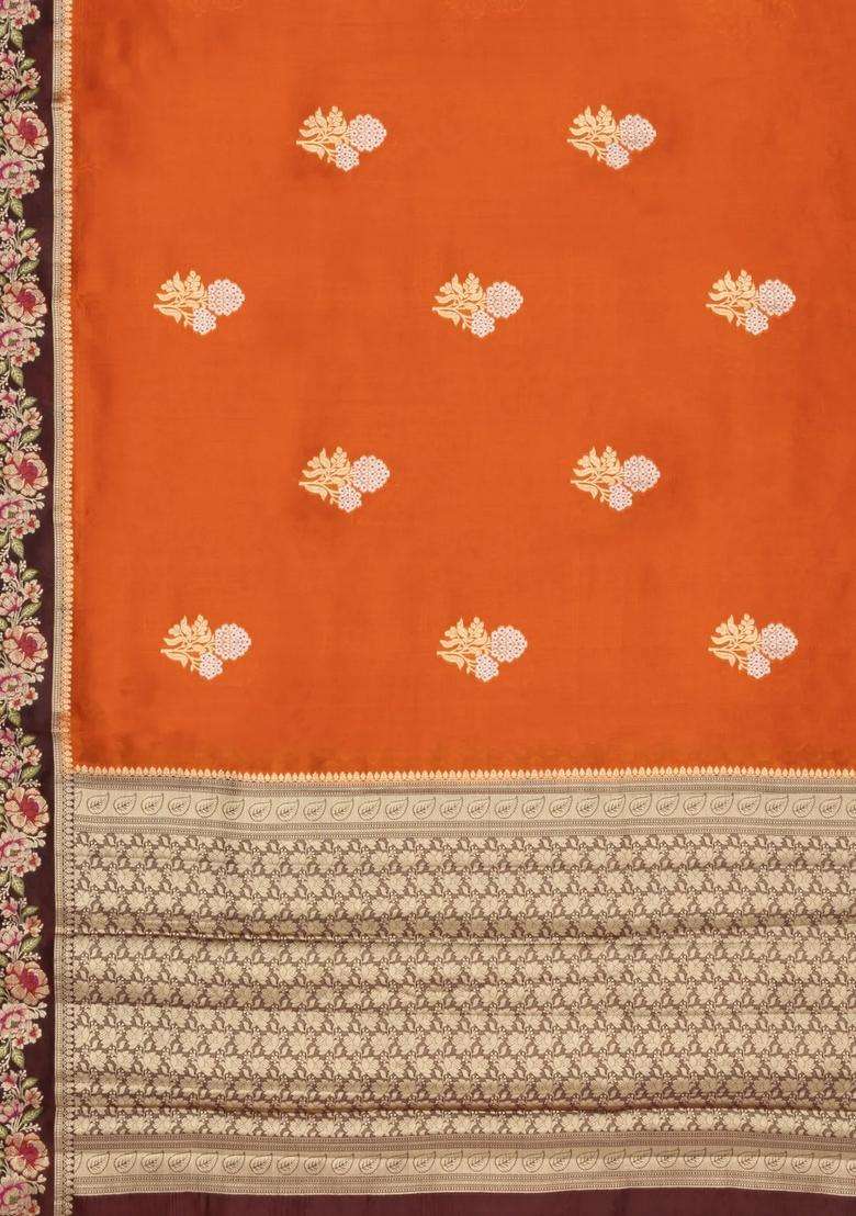 Rust Woven Banarasi Poona Silk Saree With Buttas Contrast Meena Border With Buttas And Brocade Design For Women - Indya