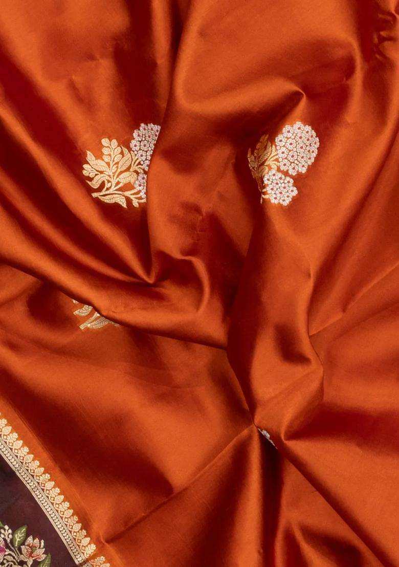 Rust Woven Banarasi Poona Silk Saree With Buttas Contrast Meena Border With Buttas And Brocade Design For Women - Indya