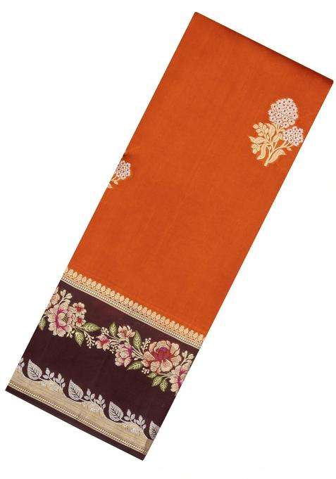Rust Woven Banarasi Poona Silk Saree With Buttas Contrast Meena Border With Buttas And Brocade Design For Women
