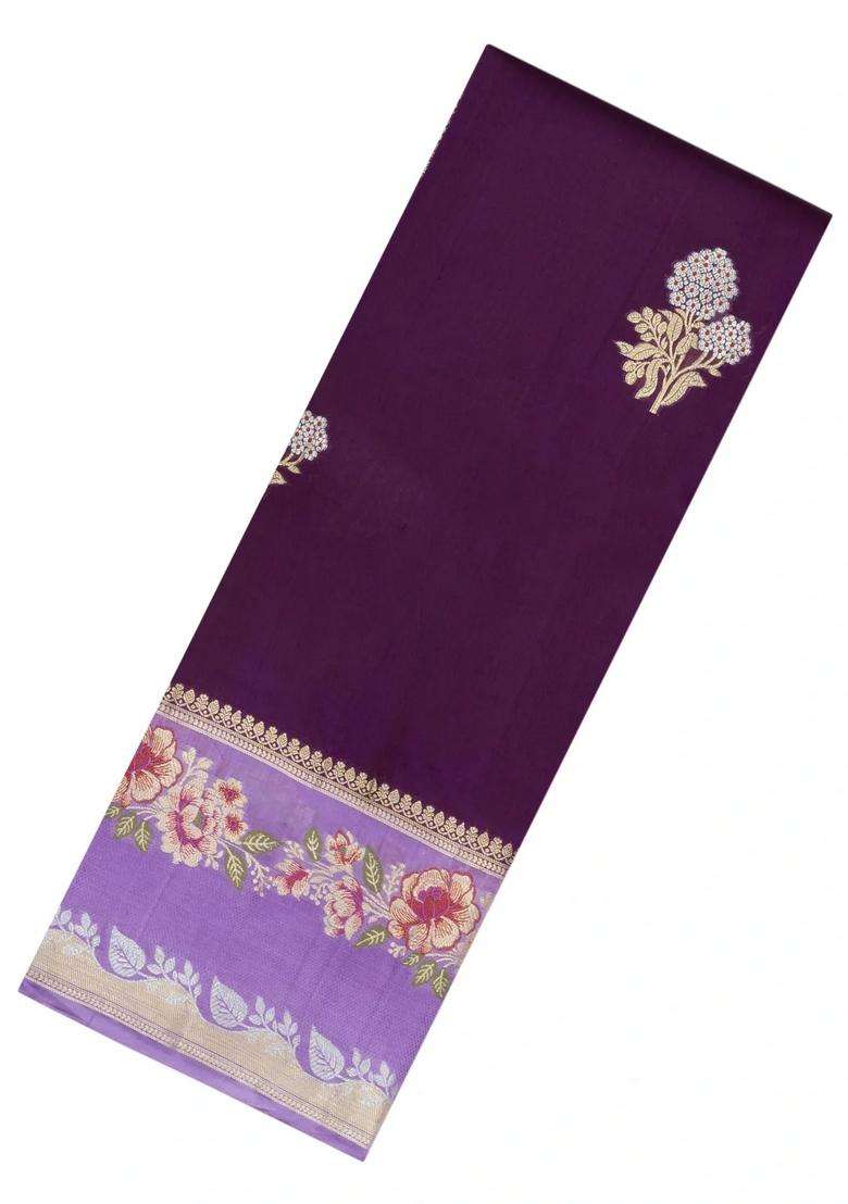 Dark Purple Woven Banarasi Poona Silk Saree With Buttas Contrast Meena Border With Buttas And Brocade Design For Women - Indya