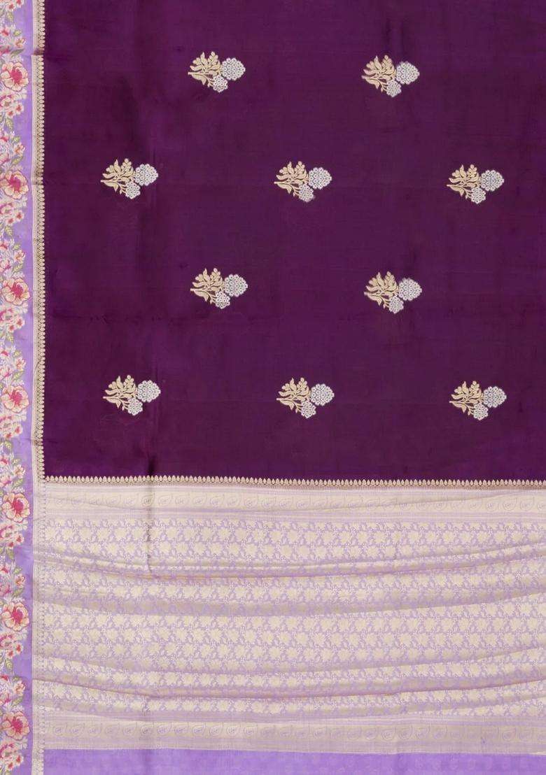 Dark Purple Woven Banarasi Poona Silk Saree With Buttas Contrast Meena Border With Buttas And Brocade Design For Women - Indya