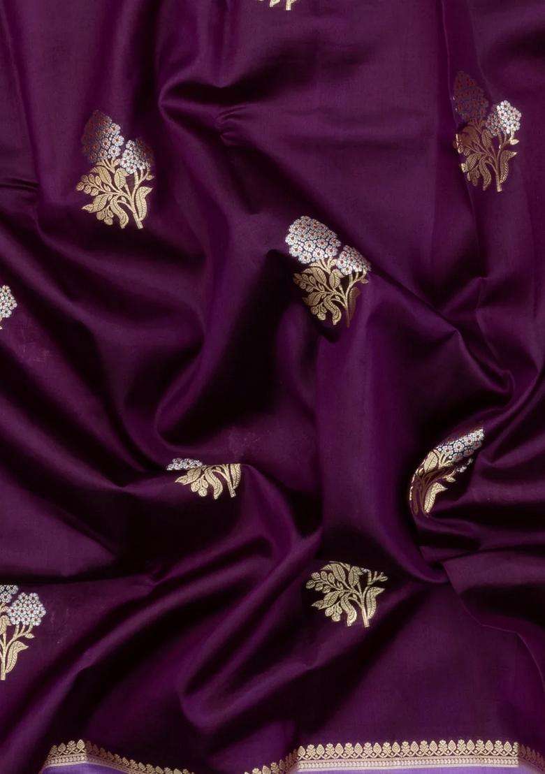 Dark Purple Woven Banarasi Poona Silk Saree With Buttas Contrast Meena Border With Buttas And Brocade Design For Women - Indya