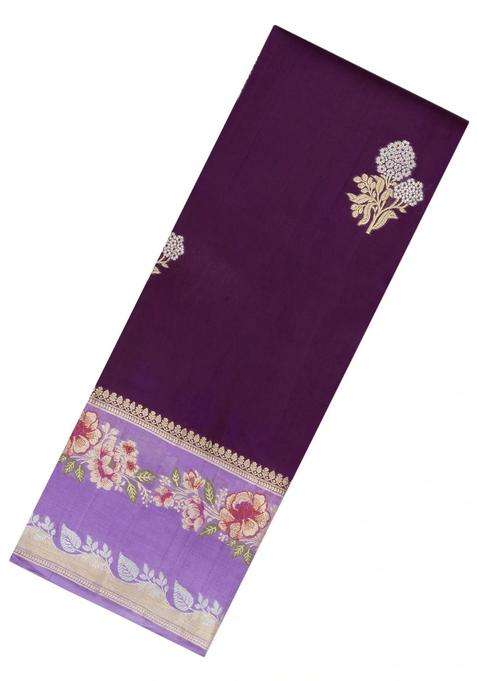 Dark Purple Woven Banarasi Poona Silk Saree With Buttas Contrast Meena Border With Buttas And Brocade Design For Women