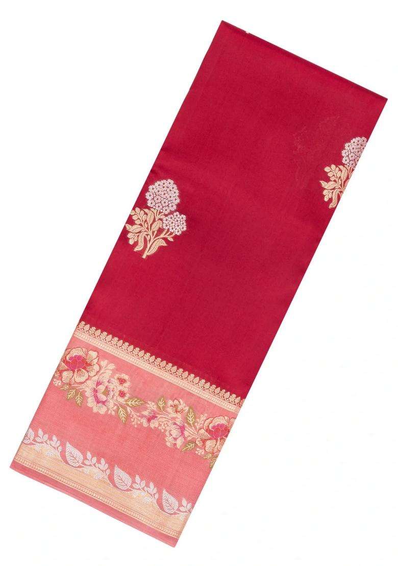 Red Woven Banarasi Poona Silk Saree With Buttas Contrast Meena Border With Buttas And Brocade Design For Women - Indya