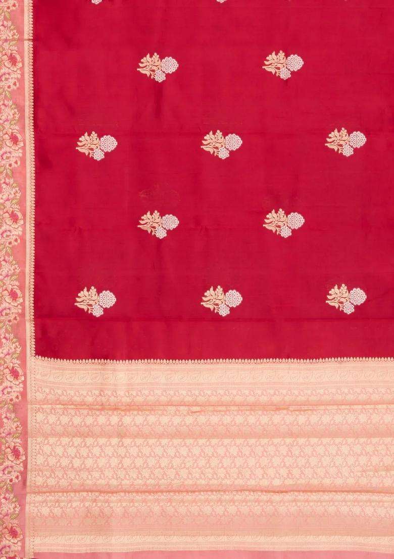 Red Woven Banarasi Poona Silk Saree With Buttas Contrast Meena Border With Buttas And Brocade Design For Women - Indya