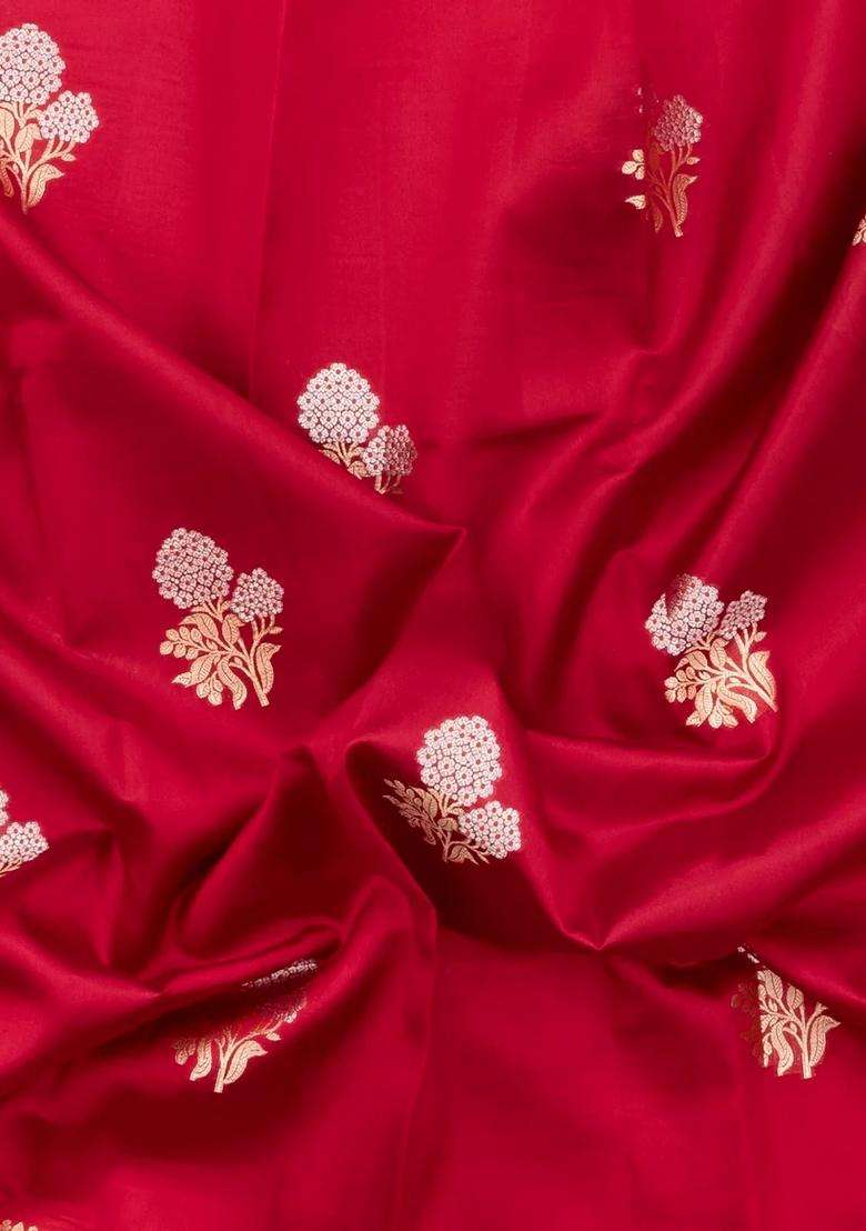 Red Woven Banarasi Poona Silk Saree With Buttas Contrast Meena Border With Buttas And Brocade Design For Women - Indya