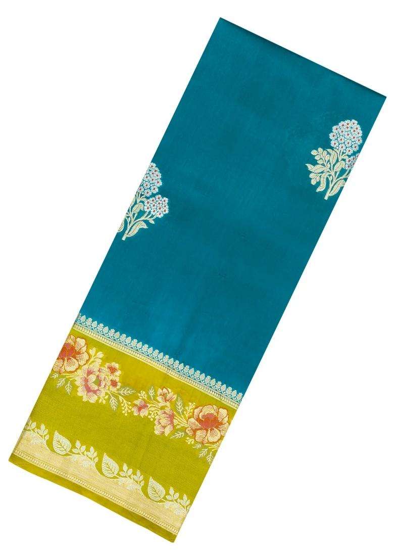 Cyan Woven Banarasi Poona Silk Saree With Buttas Contrast Meena Border With Buttas And Brocade Design For Women - Indya