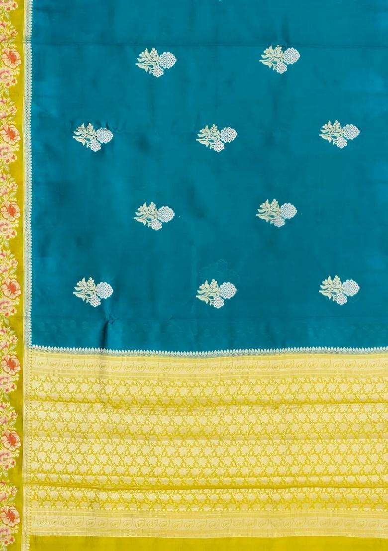 Cyan Woven Banarasi Poona Silk Saree With Buttas Contrast Meena Border With Buttas And Brocade Design For Women - Indya