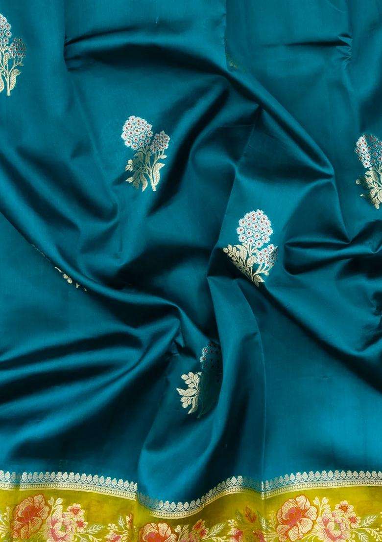 Cyan Woven Banarasi Poona Silk Saree With Buttas Contrast Meena Border With Buttas And Brocade Design For Women - Indya