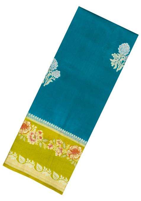 Cyan Woven Banarasi Poona Silk Saree With Buttas Contrast Meena Border With Buttas And Brocade Design For Women