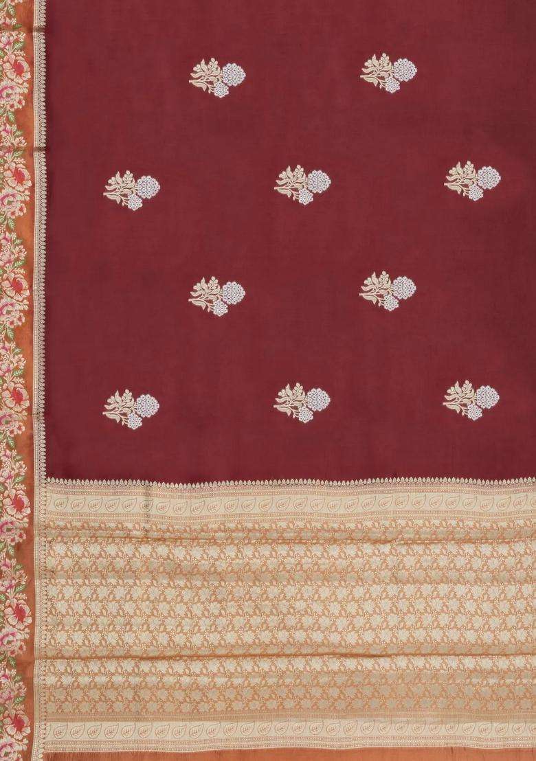 Brown Woven Banarasi Poona Silk Saree With Buttas Contrast Meena Border With Buttas And Brocade Design For Women - Indya