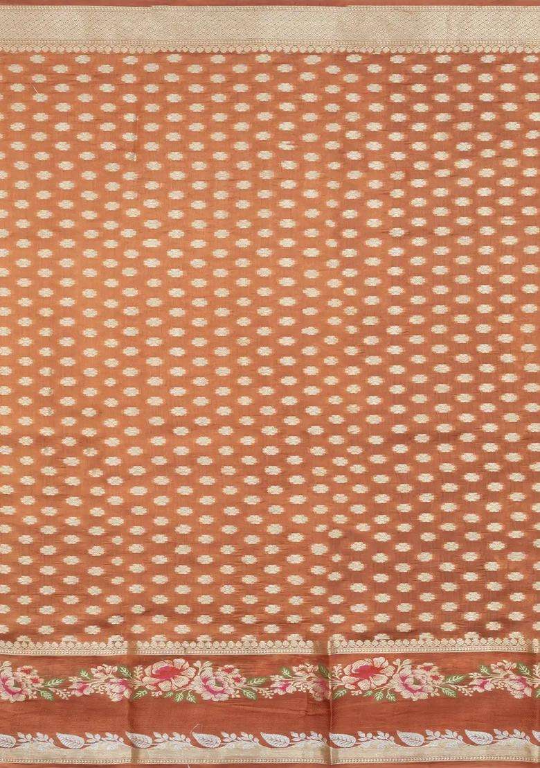 Brown Woven Banarasi Poona Silk Saree With Buttas Contrast Meena Border With Buttas And Brocade Design For Women - Indya