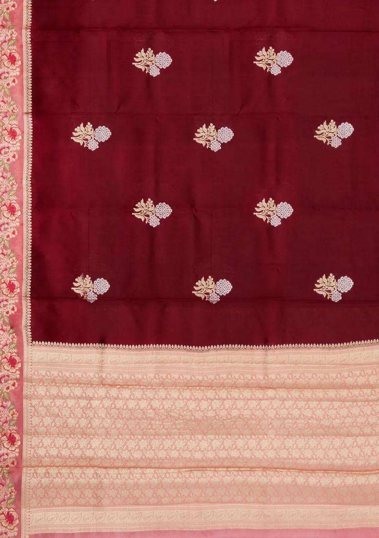 Maroon Woven Banarasi Poona Silk Saree With Buttas Contrast Meena Border With Buttas And Brocade Design For Women - Indya