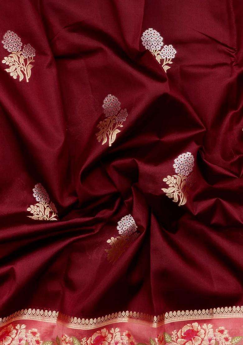 Maroon Woven Banarasi Poona Silk Saree With Buttas Contrast Meena Border With Buttas And Brocade Design For Women - Indya