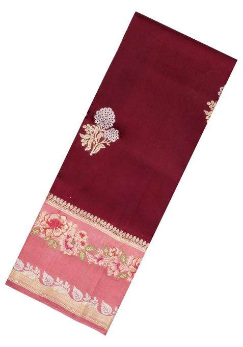 Maroon Woven Banarasi Poona Silk Saree With Buttas Contrast Meena Border With Buttas And Brocade Design For Women