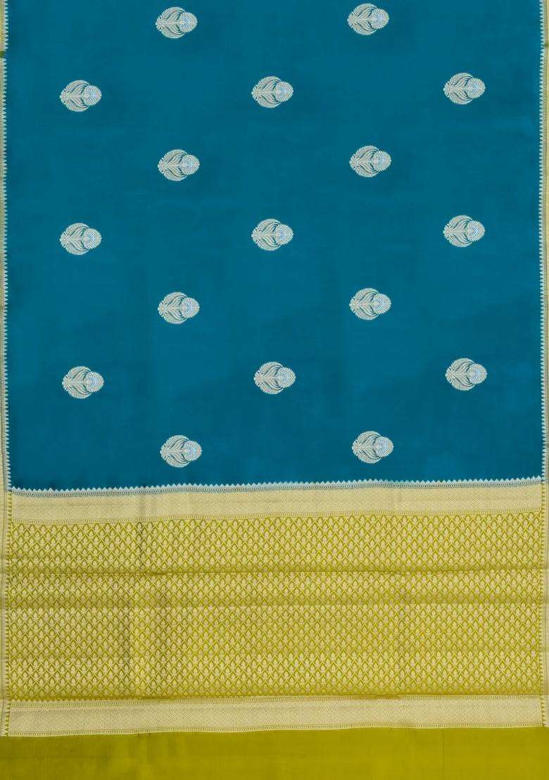 Cyan Woven Banarasi Poona Silk Saree With Buttas Contrast Border With Buttas And Brocade Design For Women - Indya