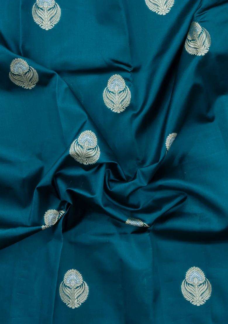 Cyan Woven Banarasi Poona Silk Saree With Buttas Contrast Border With Buttas And Brocade Design For Women - Indya