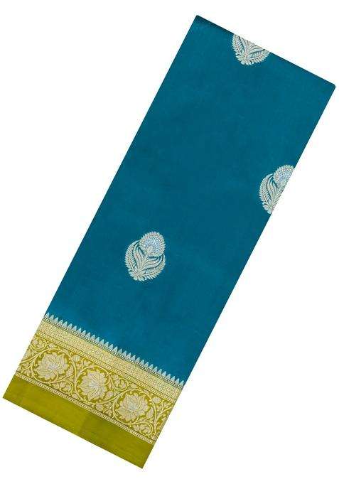 Cyan Woven Banarasi Poona Silk Saree With Buttas Contrast Border With Buttas And Brocade Design For Women