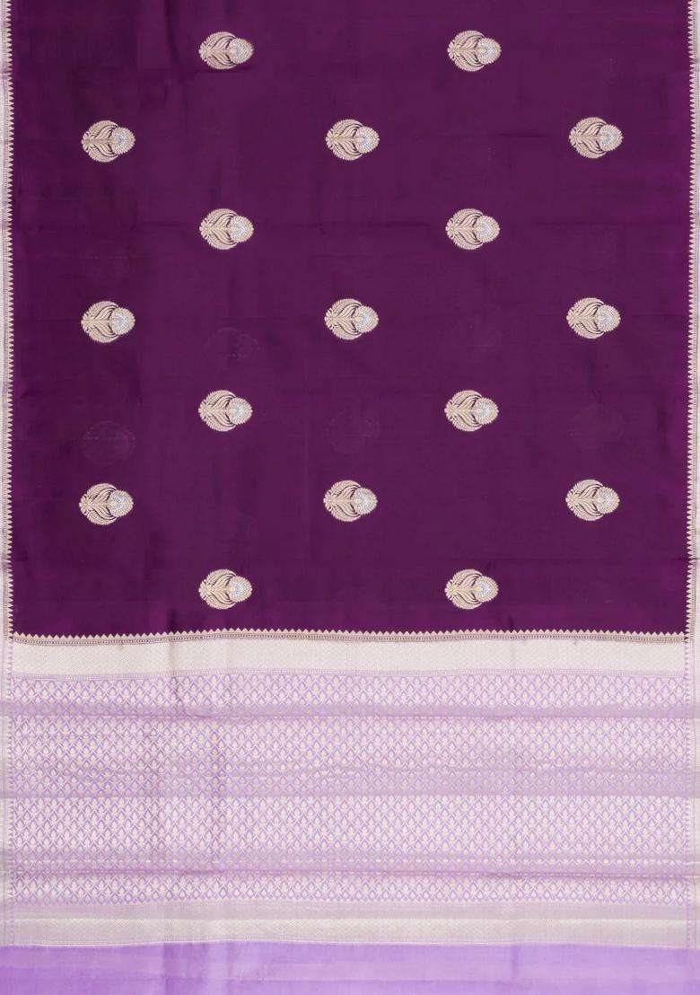 Burgundy Woven Banarasi Poona Silk Saree With Buttas Contrast Border With Buttas And Brocade Design For Women - Indya