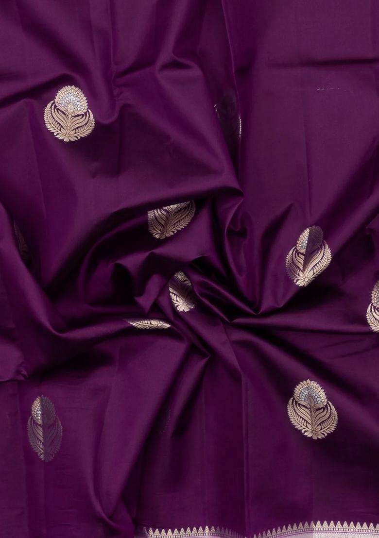 Burgundy Woven Banarasi Poona Silk Saree With Buttas Contrast Border With Buttas And Brocade Design For Women - Indya