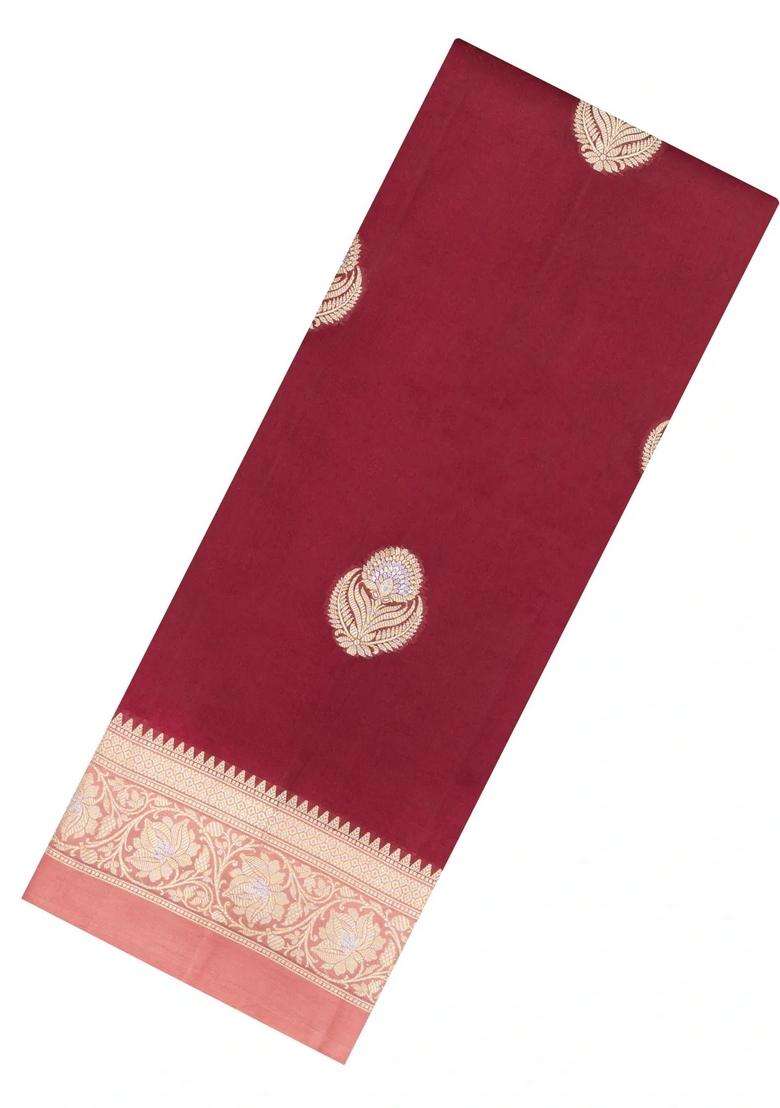 Crimson Woven Banarasi Poona Silk Saree With Buttas Contrast Border With Buttas And Brocade Design For Women - Indya