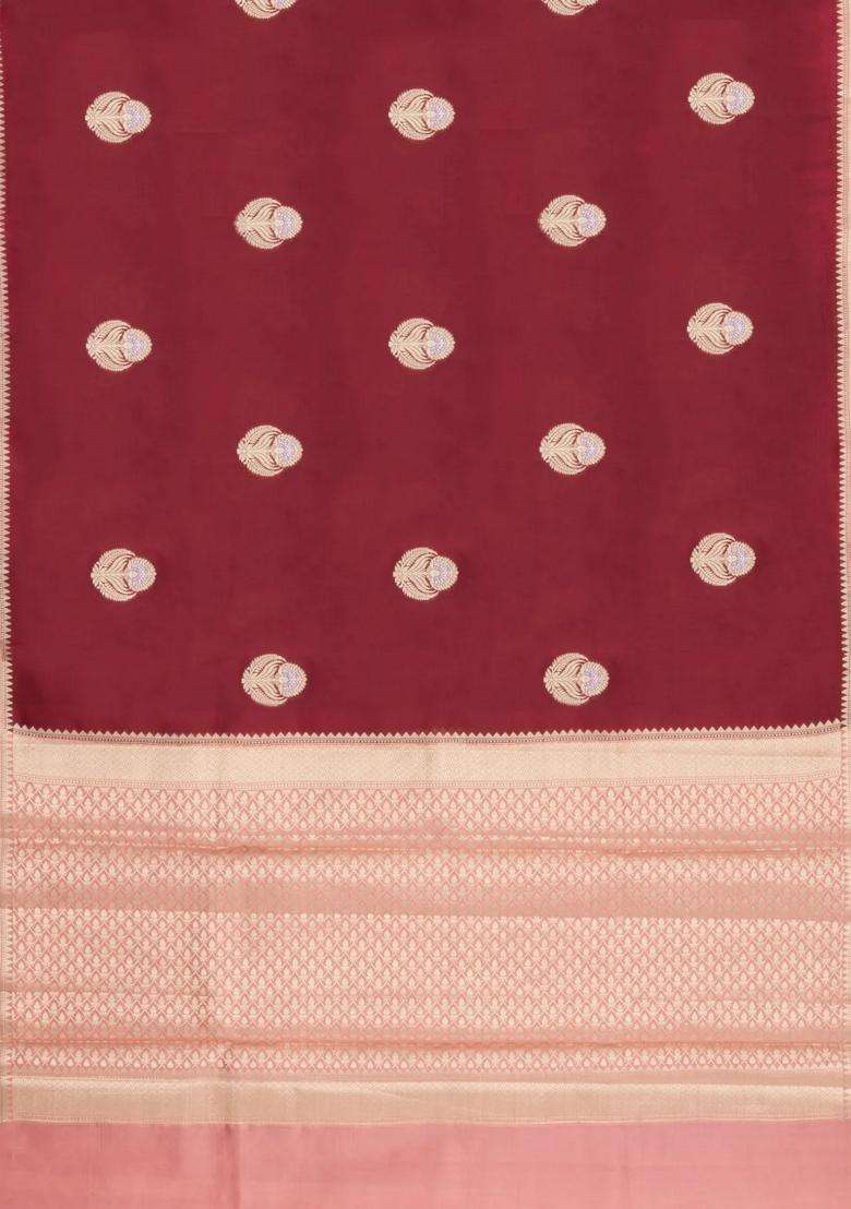Crimson Woven Banarasi Poona Silk Saree With Buttas Contrast Border With Buttas And Brocade Design For Women - Indya