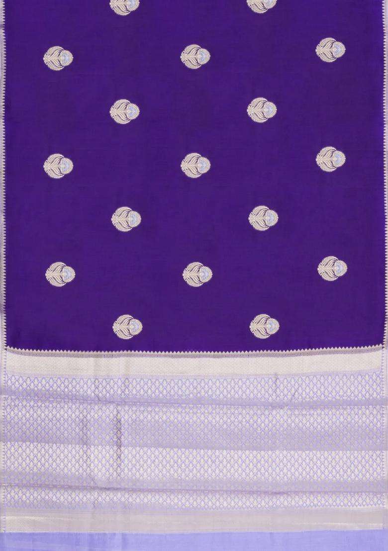 Violet Woven Banarasi Poona Silk Saree With Buttas Contrast Border With Buttas And Brocade Design For Women - Indya