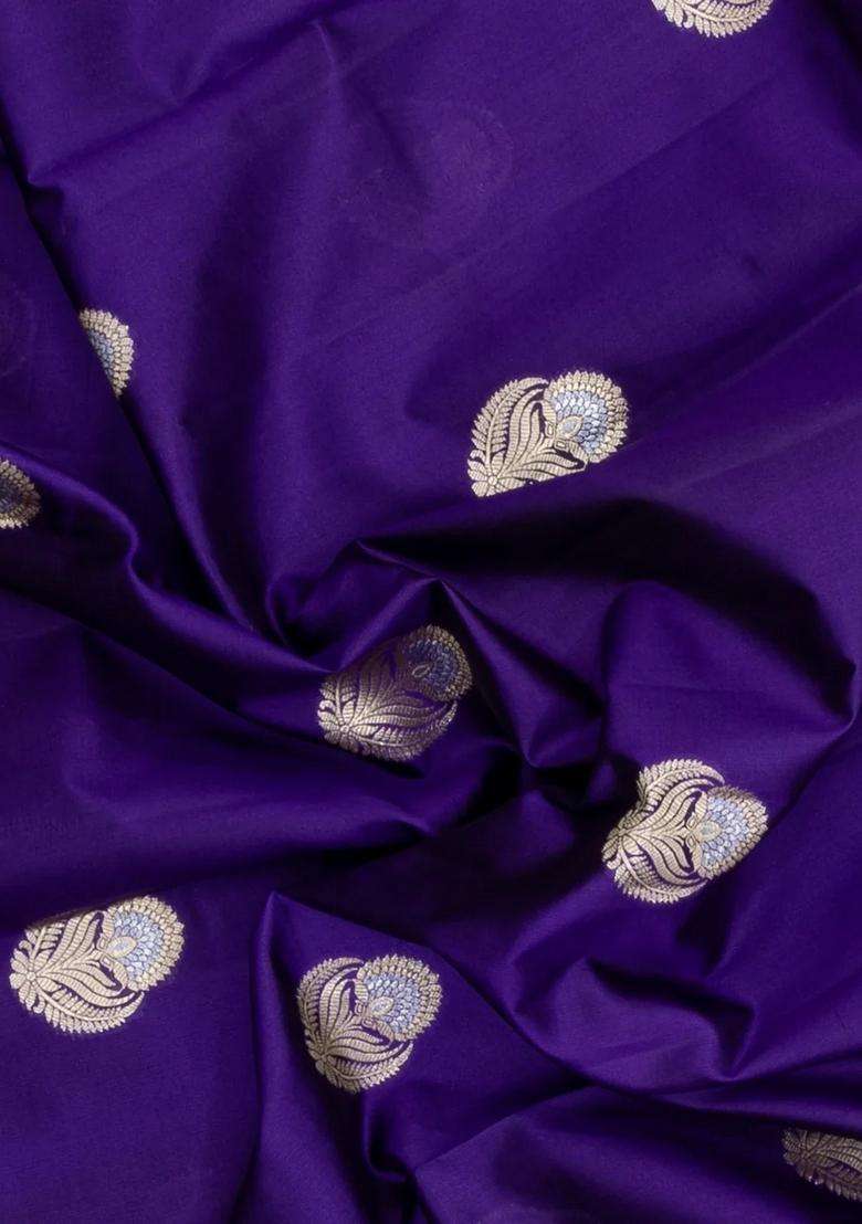 Violet Woven Banarasi Poona Silk Saree With Buttas Contrast Border With Buttas And Brocade Design For Women - Indya