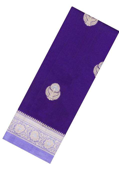 Violet Woven Banarasi Poona Silk Saree With Buttas Contrast Border With Buttas And Brocade Design For Women