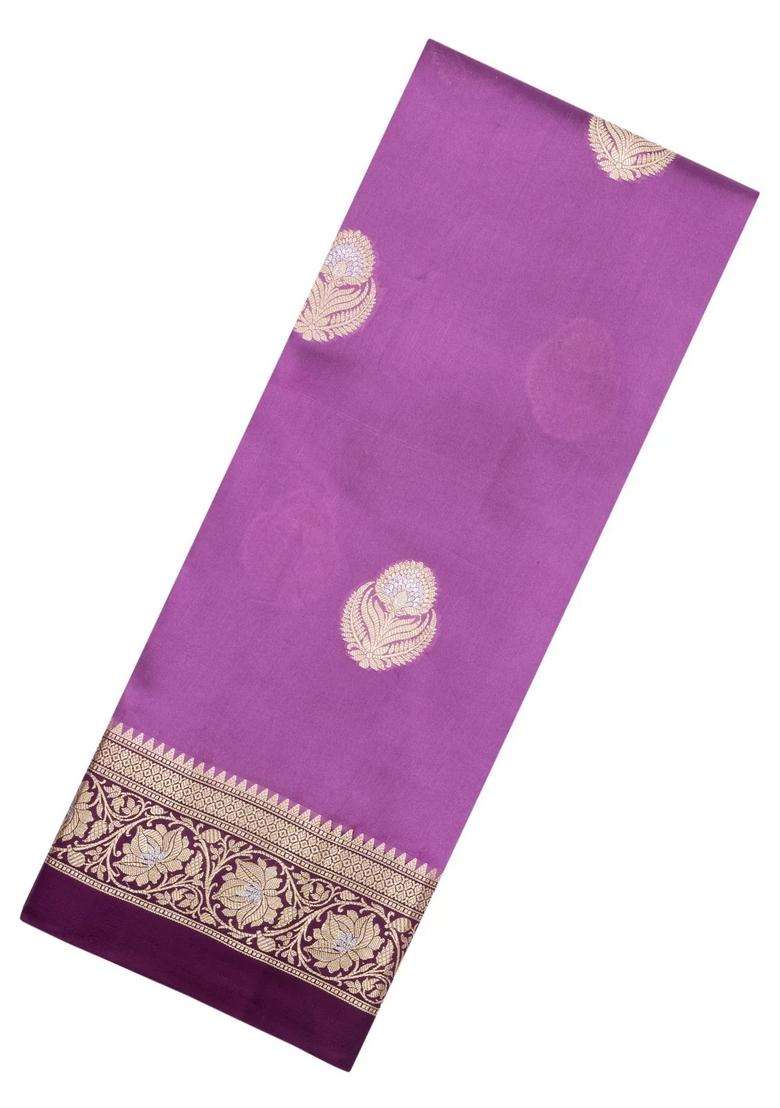 Lavander Lavender Woven Banarasi Poona Silk Saree With Buttas Contrast Border With Buttas And Brocade Design For Women - Indya