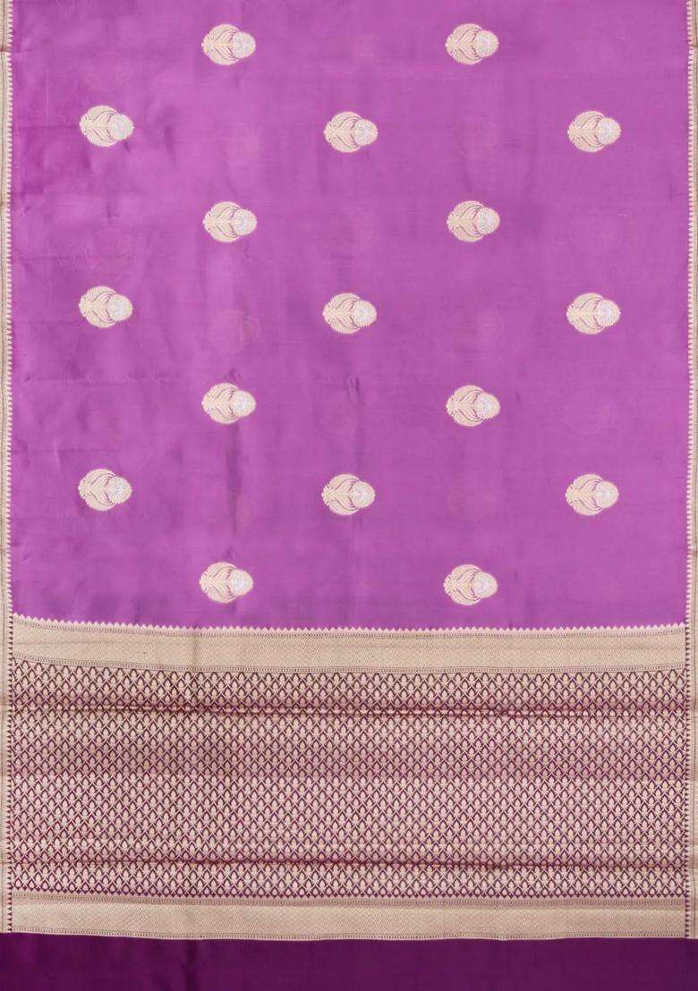 Lavander Lavender Woven Banarasi Poona Silk Saree With Buttas Contrast Border With Buttas And Brocade Design For Women - Indya