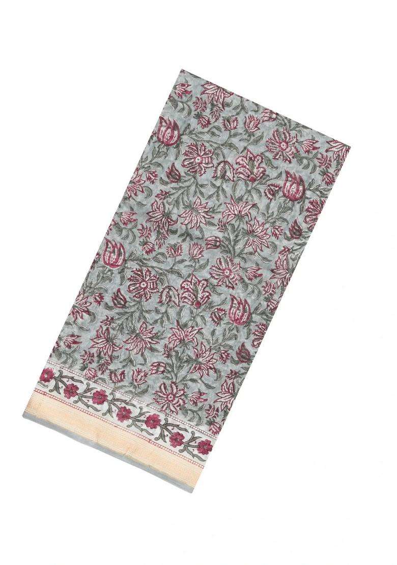 Grey Printed Chanderi Cotton Saree With Zari Border For Women - Indya