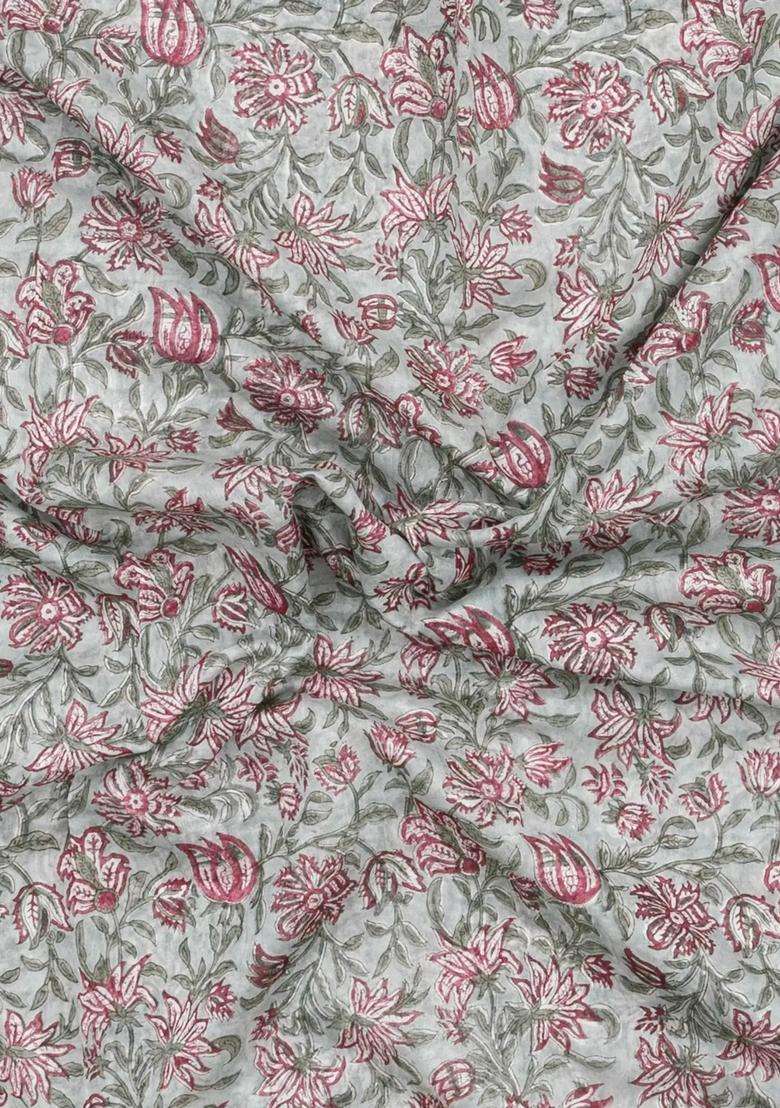 Grey Printed Chanderi Cotton Saree With Zari Border For Women - Indya