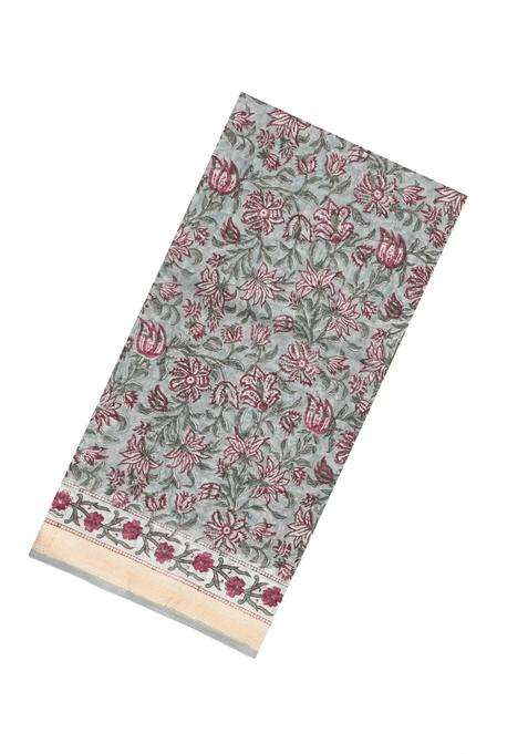 Grey Printed Chanderi Cotton Saree With Zari Border For Women