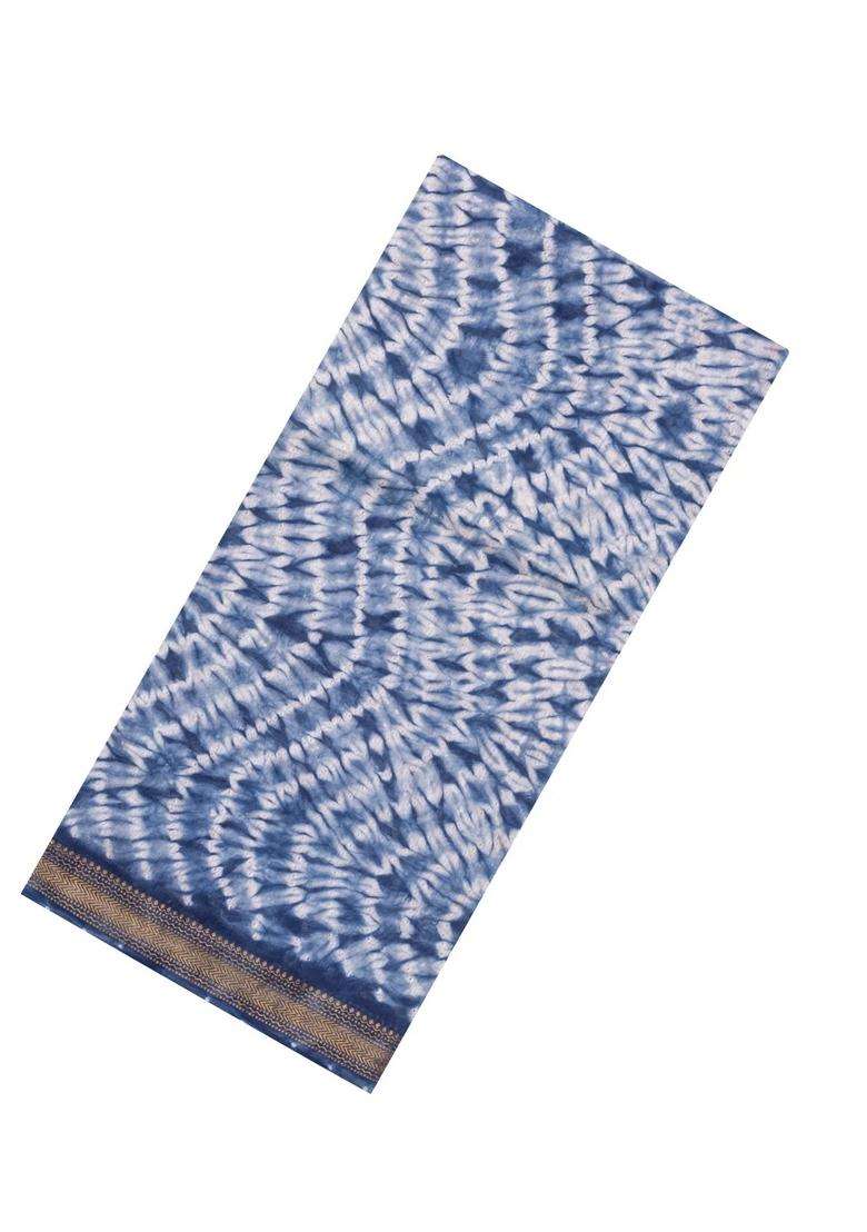 Indigo Printed Chanderi Cotton Saree With Zari Border For Women - Indya