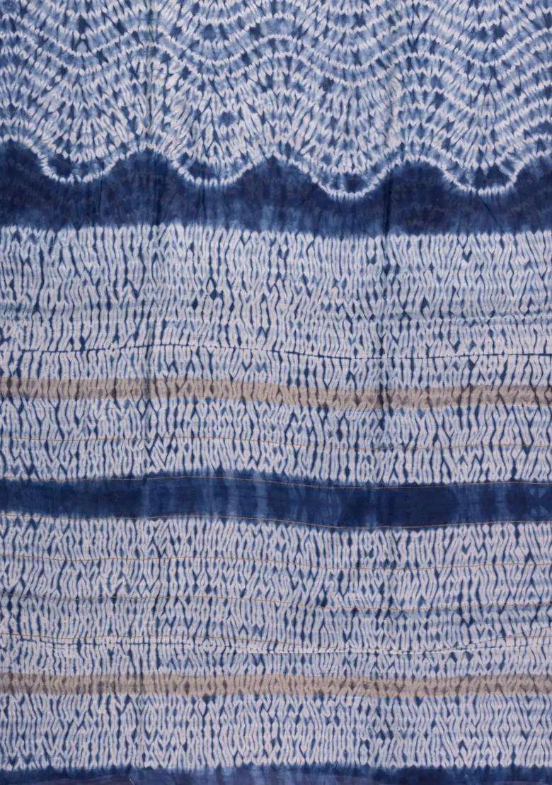 Indigo Printed Chanderi Cotton Saree With Zari Border For Women - Indya