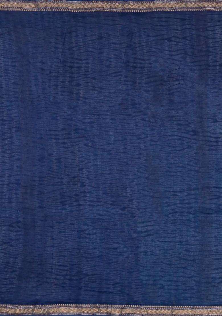 Indigo Printed Chanderi Cotton Saree With Zari Border For Women - Indya