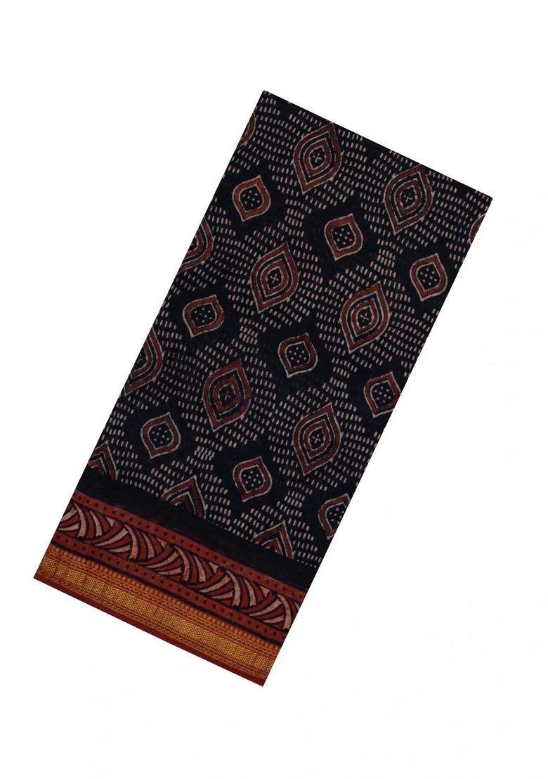 Black Printed Chanderi Cotton Saree With Zari Border For Women - Indya