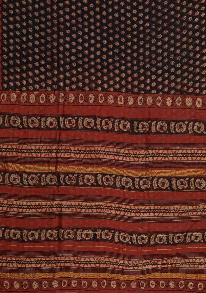 Black Printed Chanderi Cotton Saree With Zari Border For Women - Indya
